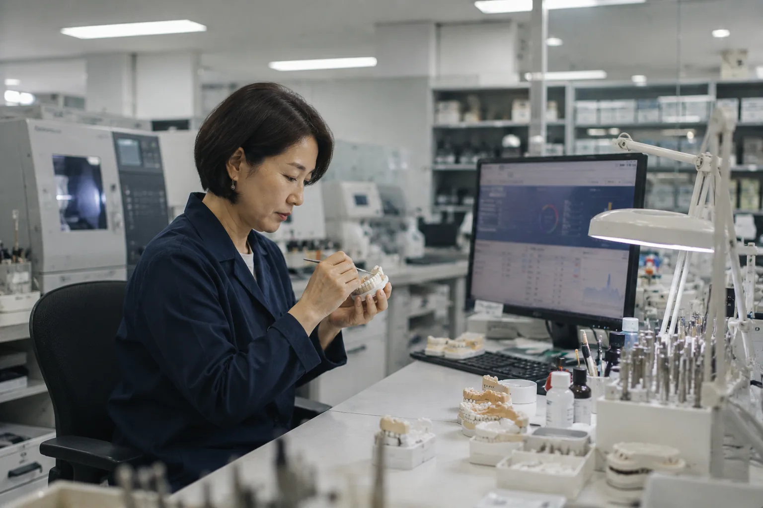 기공사가 작업대에서 치아모형을 손보며 옆 모니터를 함께 보는 장면